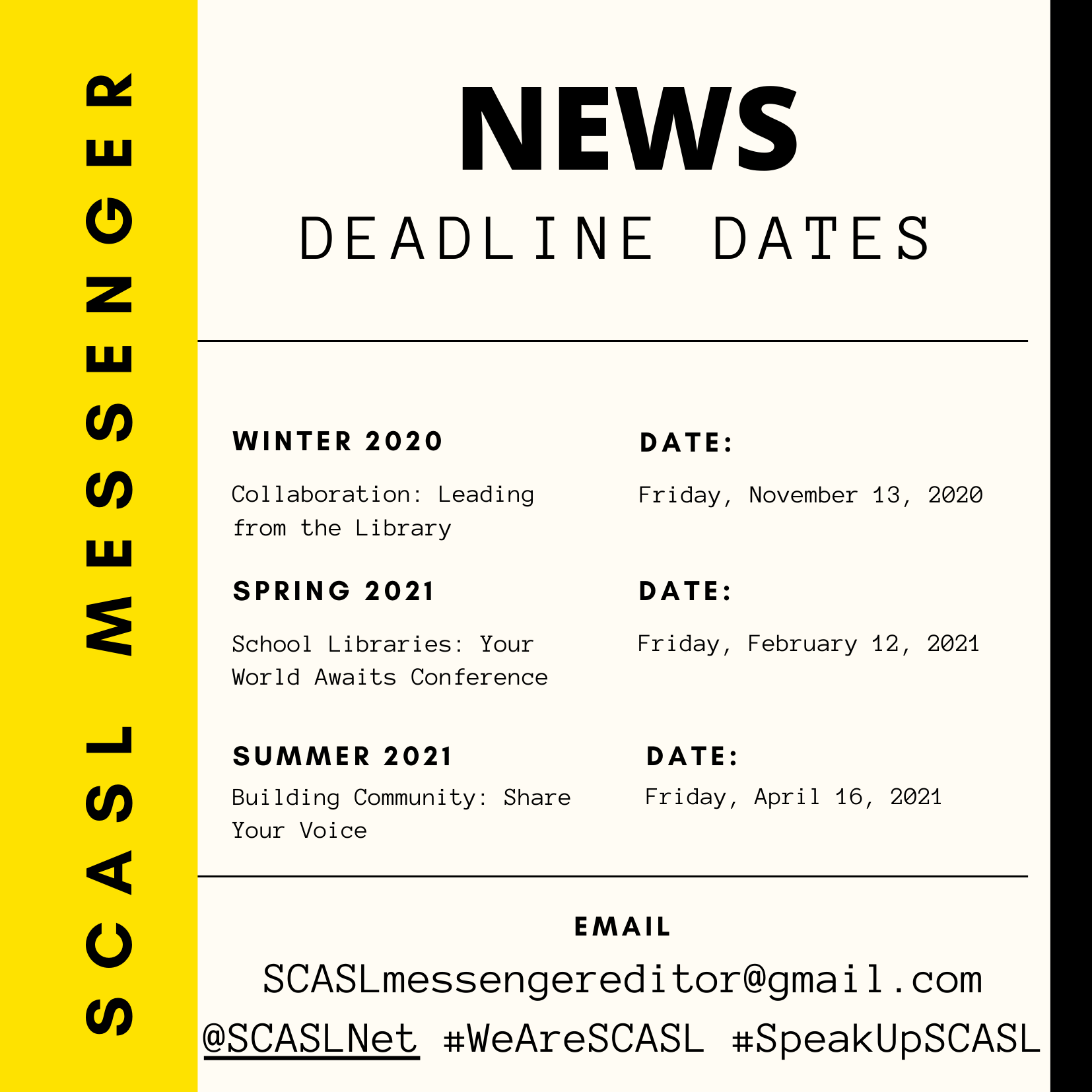 2020-21 SCASL Messenger Deadlines