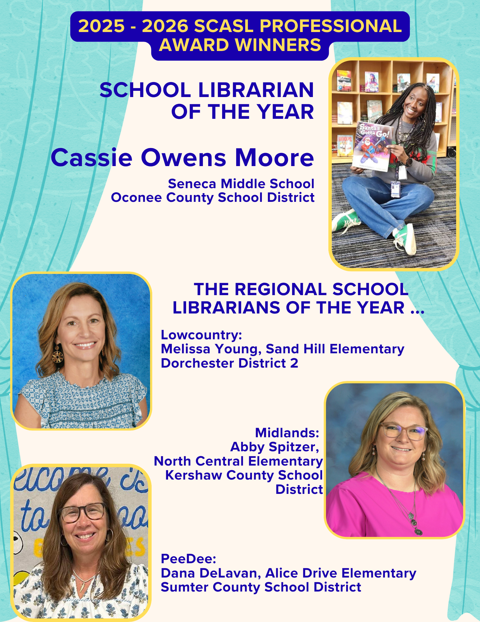 2026 SLOY winners - Cassie Owens Moore SLOY; Melissa Young, Lowcountry SLOY; Abby Spitzer, Midlands SLOY; Dana DeLavan, Peedee SLOY